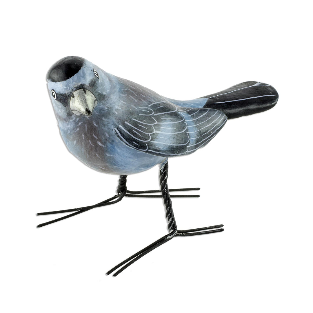Guatemalan Handcrafted Posable Ceramic Catbird Figurine - Grey Catbird