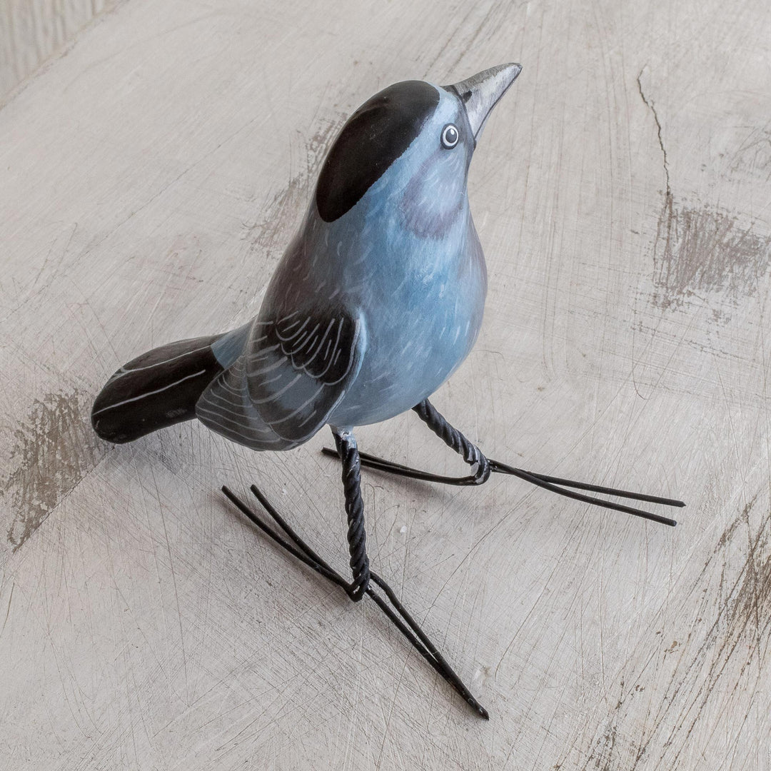 Guatemalan Handcrafted Posable Ceramic Catbird Figurine - Grey Catbird