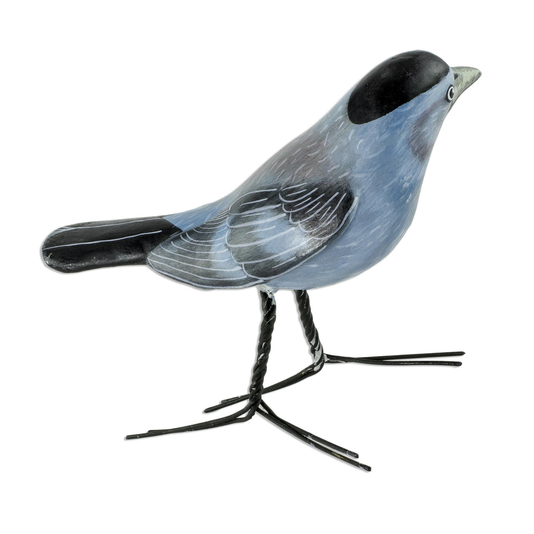 Guatemalan Handcrafted Posable Ceramic Catbird Figurine - Grey Catbird