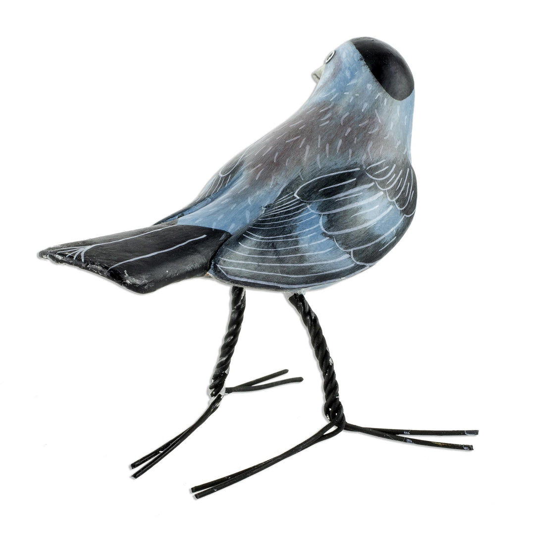 Guatemalan Handcrafted Posable Ceramic Catbird Figurine - Grey Catbird