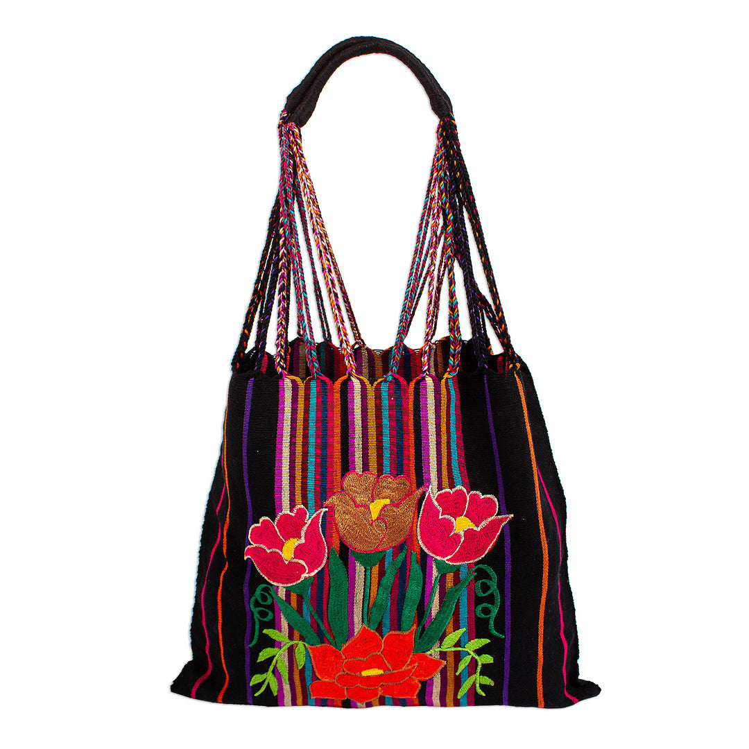 Poppy-Themed Embroidered Handwoven 100% Cotton Shoulder Bag - Night Poppies