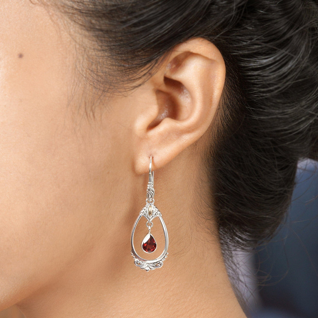 Sterling Silver Garnet Earrings with Gold Accents - Victoriana