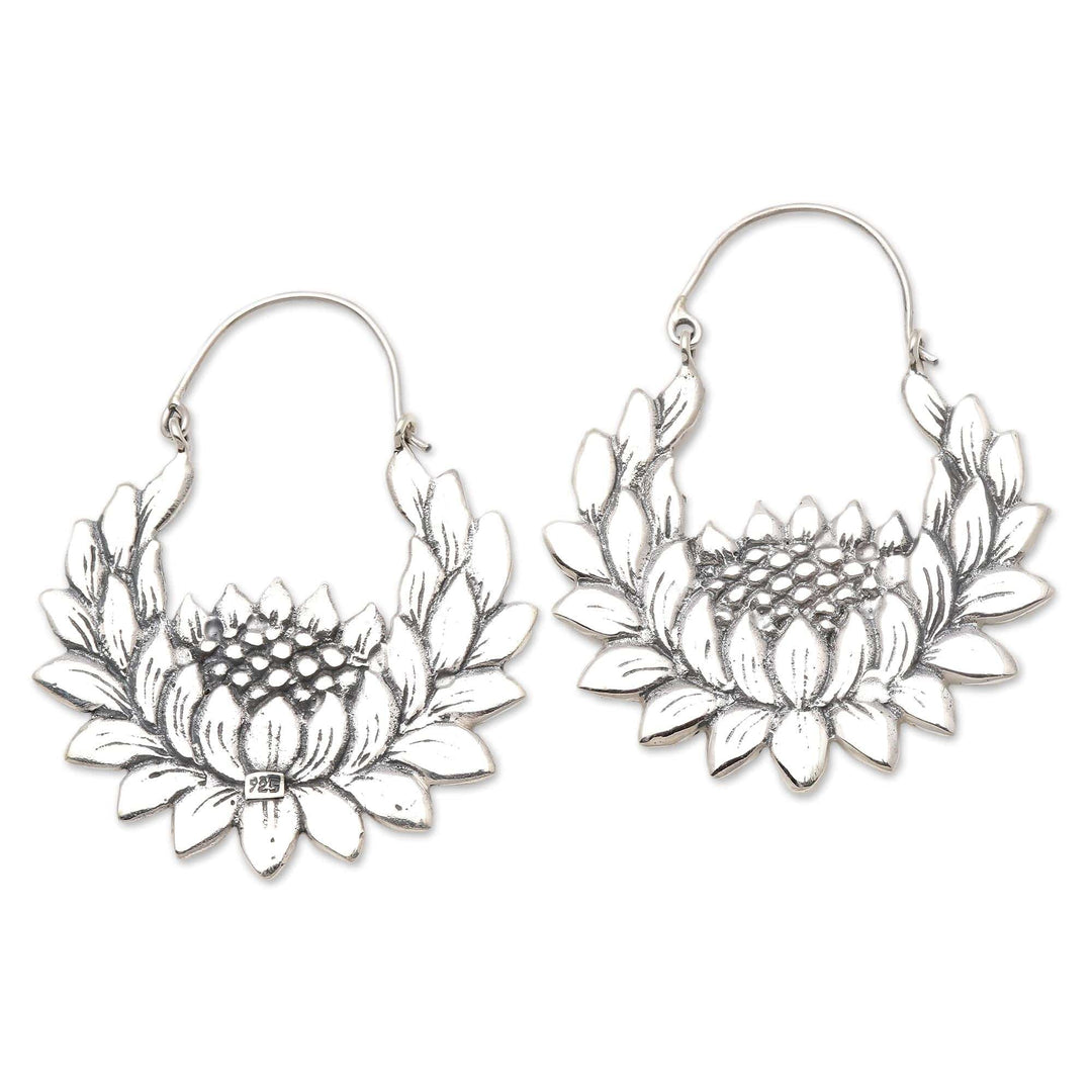 Sterling Silver Lotus Flower Hoop Earrings - Lovely Lotus