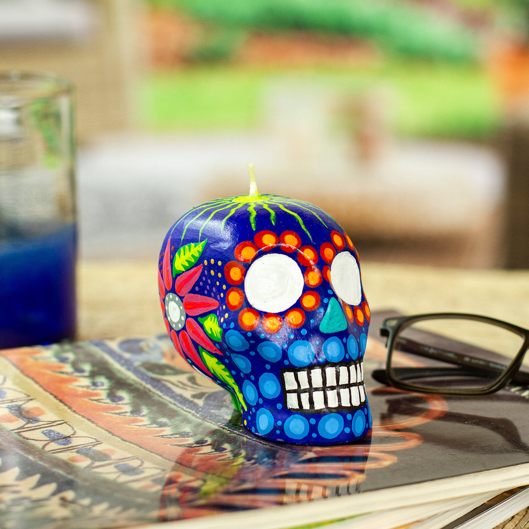 Hand Painted Mexican Day of the Dead Purple Skull Candle - Colorful Purple Skull