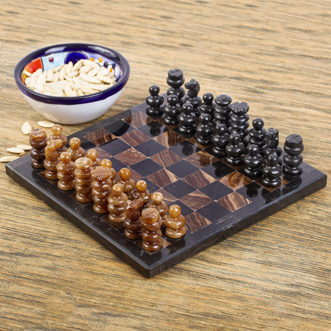 Onyx and Marble Mini Chess Set Handcrafted in Mexico - Coffee and Mocha