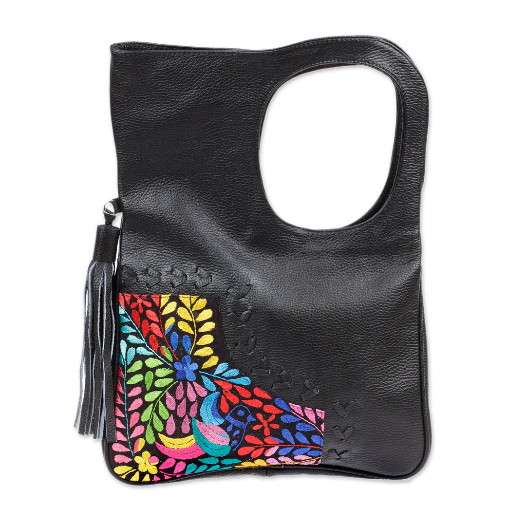 Embroidered Hummingbird Black Leather Handle Handbag - Hummingbird Garden