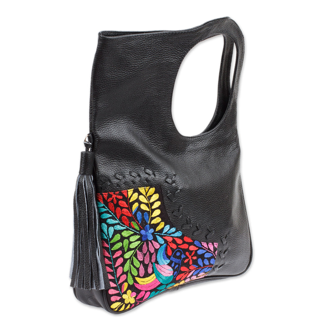 Embroidered Hummingbird Black Leather Handle Handbag - Hummingbird Garden