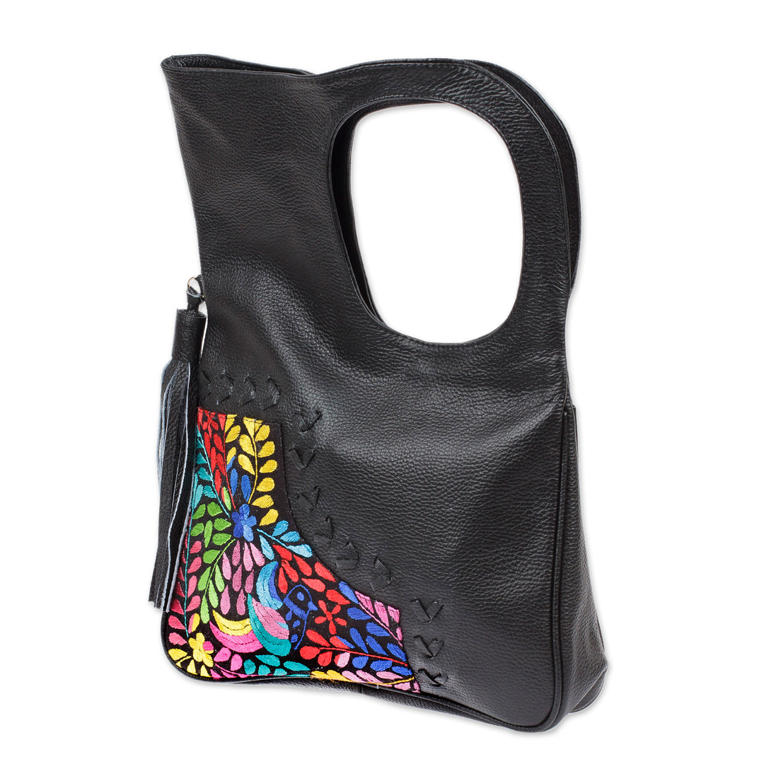 Embroidered Hummingbird Black Leather Handle Handbag - Hummingbird Garden