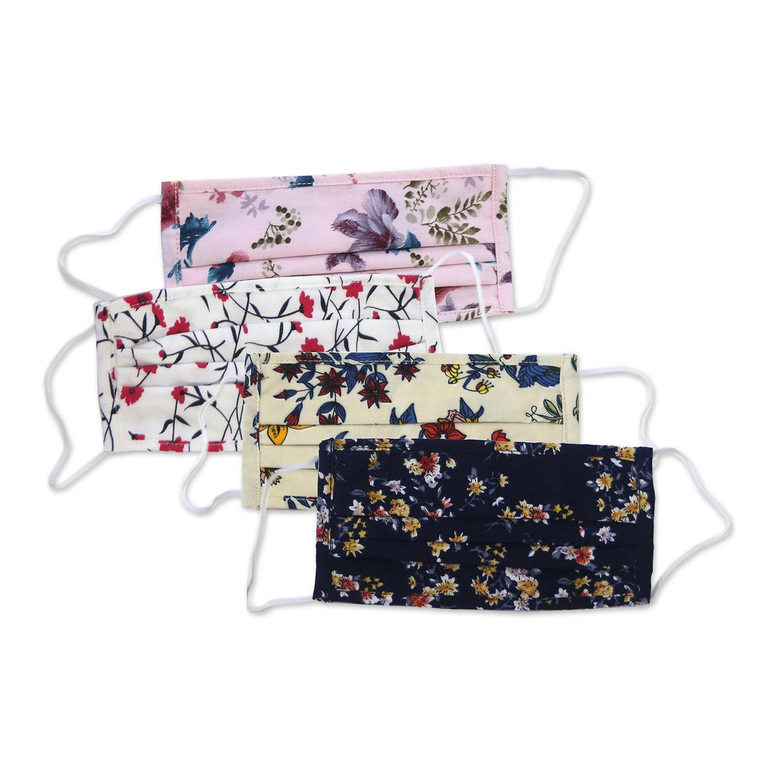 Four 2-Layer Cotton Wildflower Print Elastic Loop Face Masks - Balinese Wildflowers