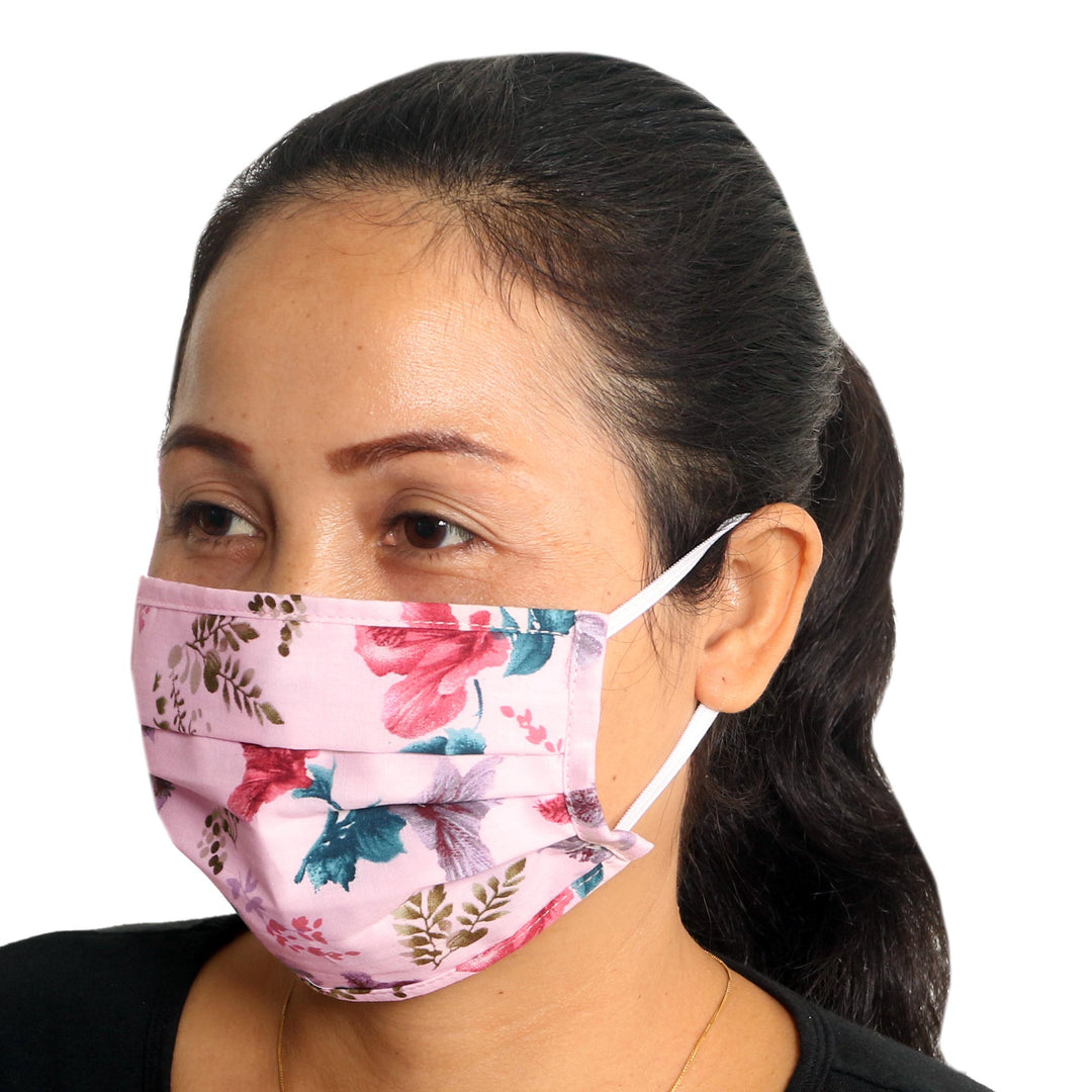 Four 2-Layer Cotton Wildflower Print Elastic Loop Face Masks - Balinese Wildflowers