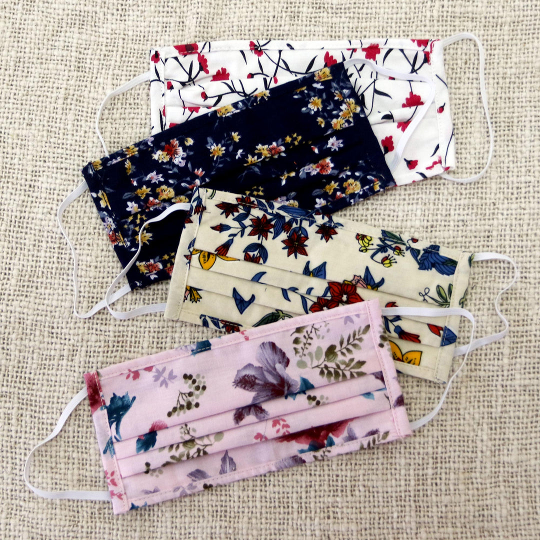 Four 2-Layer Cotton Wildflower Print Elastic Loop Face Masks - Balinese Wildflowers