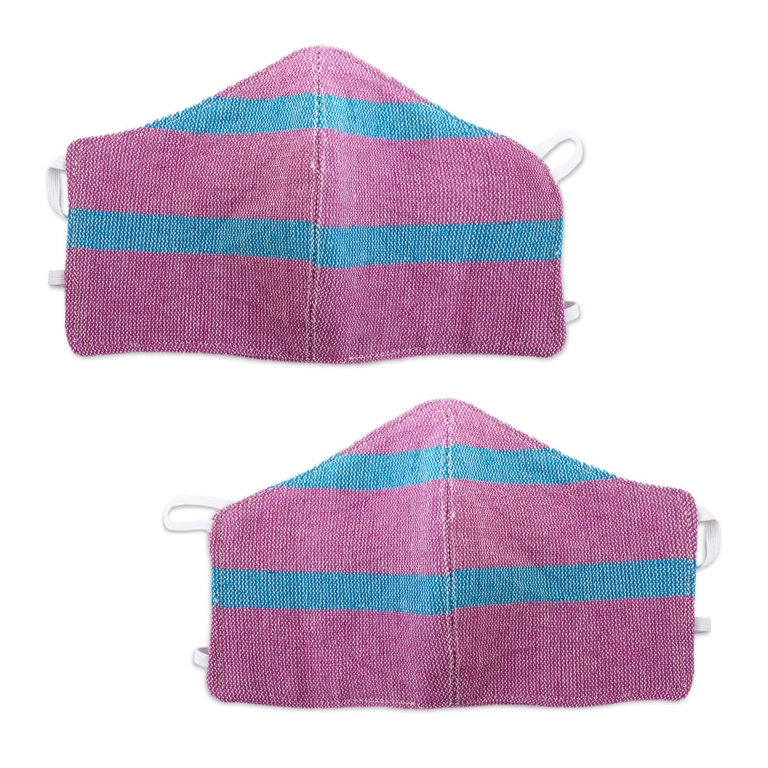 2 Handwoven Lilac and Teal Cotton Headband Face Masks - Zapotec Dawn