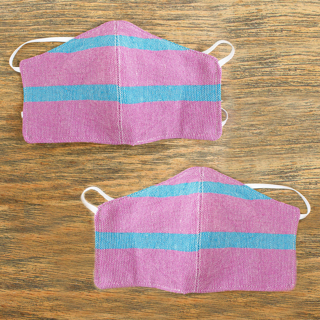 2 Handwoven Lilac and Teal Cotton Headband Face Masks - Zapotec Dawn