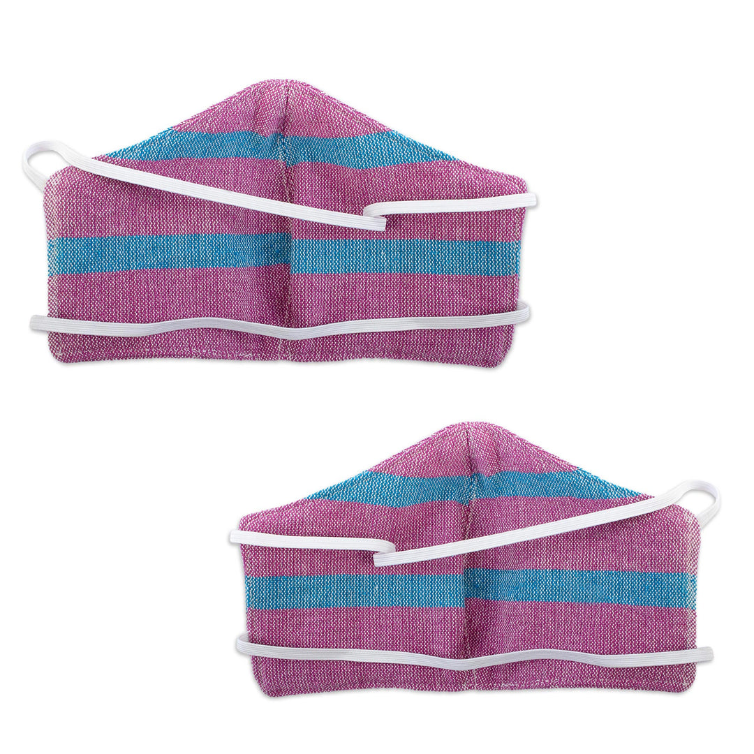 2 Handwoven Lilac and Teal Cotton Headband Face Masks - Zapotec Dawn