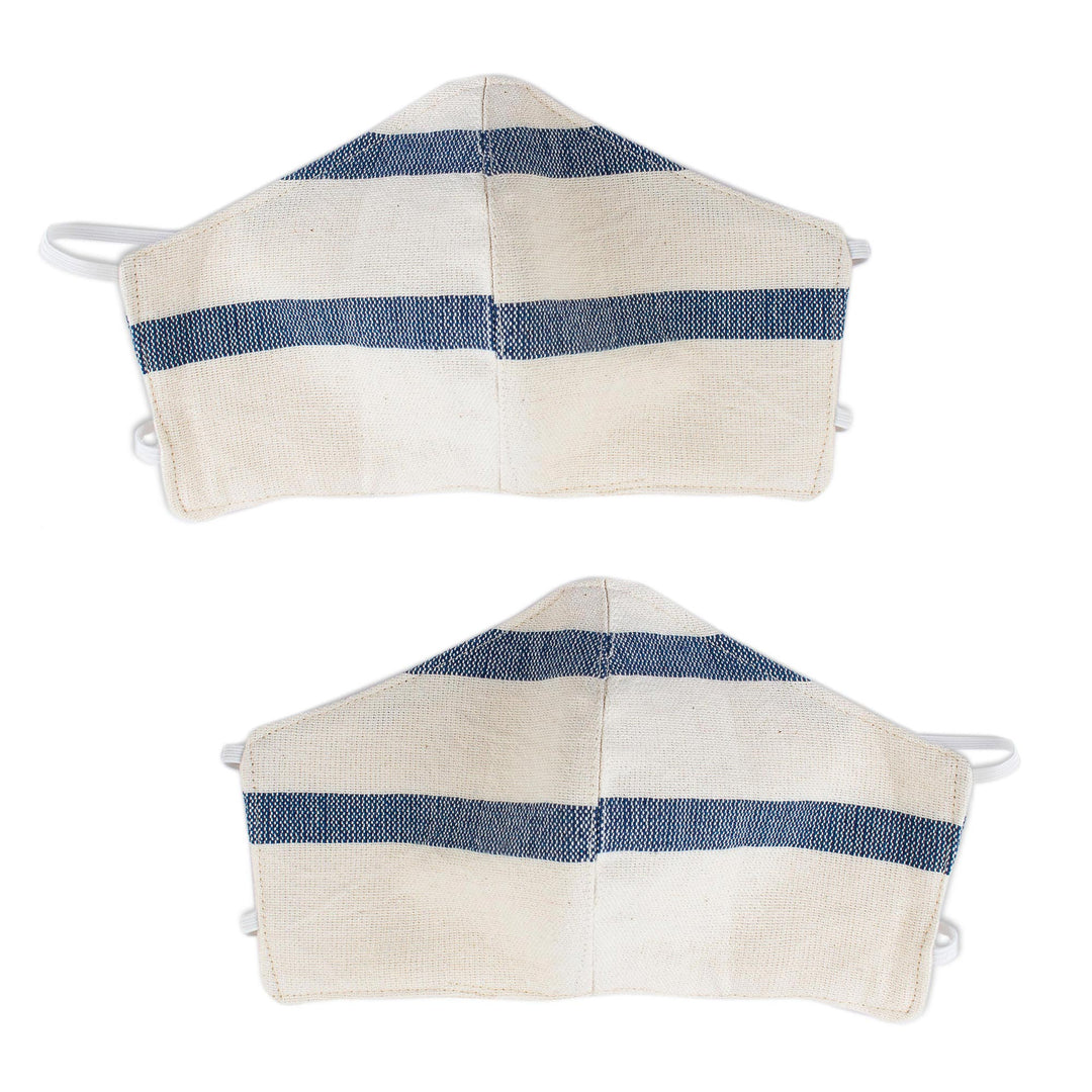 2 Handwoven Ivory and Blue Cotton Elastic Band Face Masks - Quiet Serenity