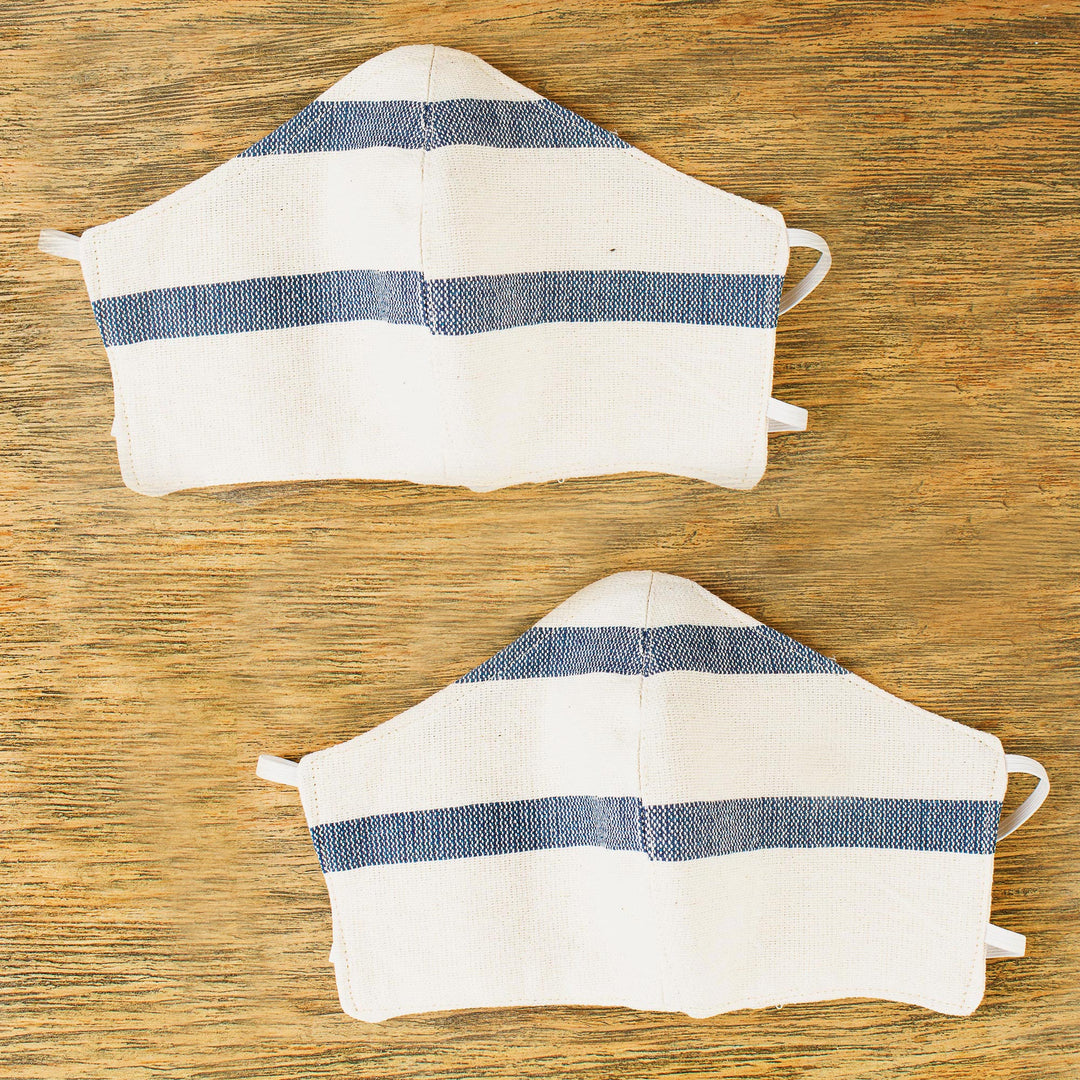 2 Handwoven Ivory and Blue Cotton Elastic Band Face Masks - Quiet Serenity