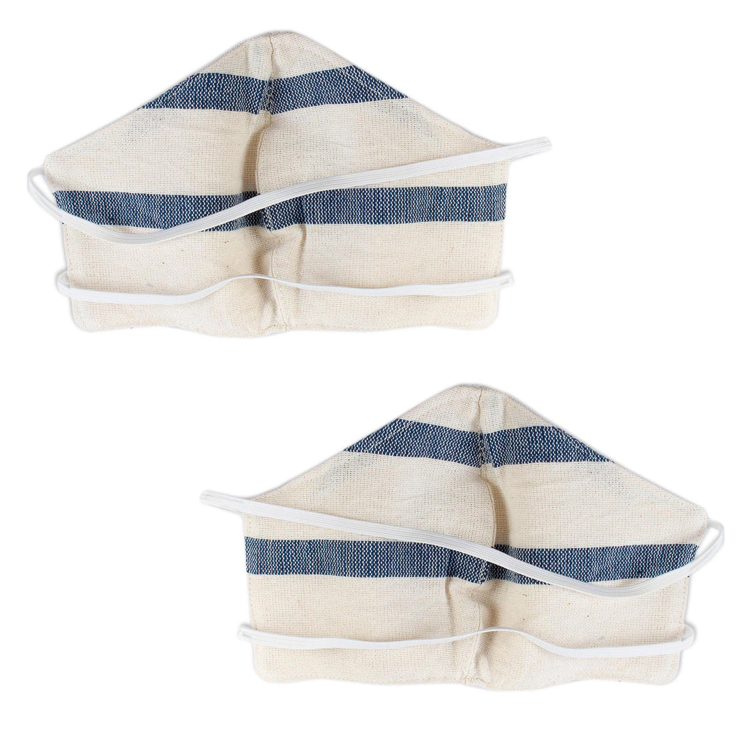 2 Handwoven Ivory and Blue Cotton Elastic Band Face Masks - Quiet Serenity