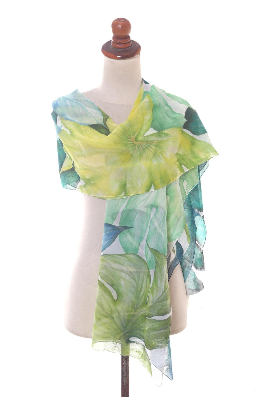 100% Silk Chiffon Hand-Painted Botanical Print Shawl - Philodendron Plant