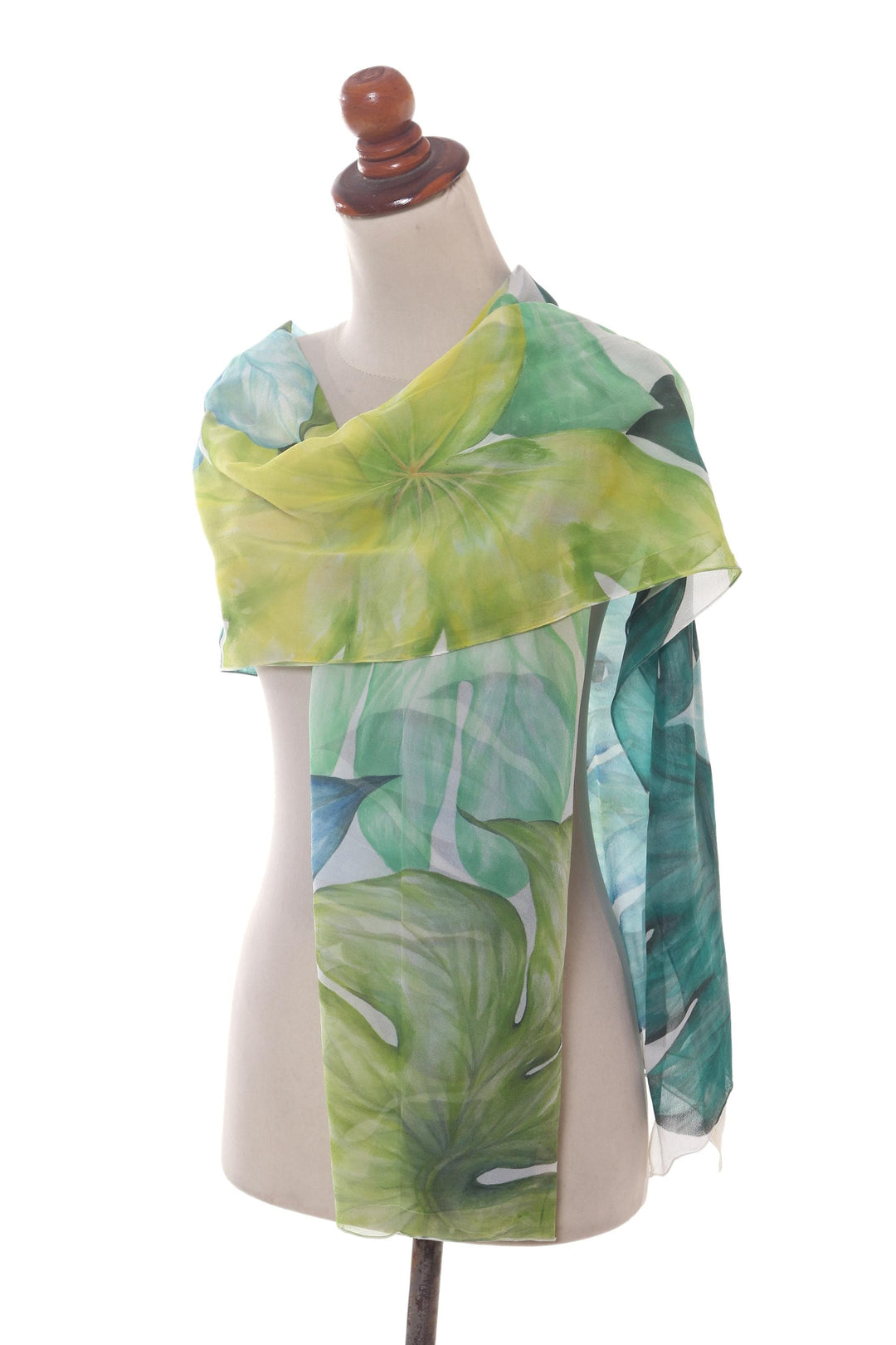 100% Silk Chiffon Hand-Painted Botanical Print Shawl - Philodendron Plant