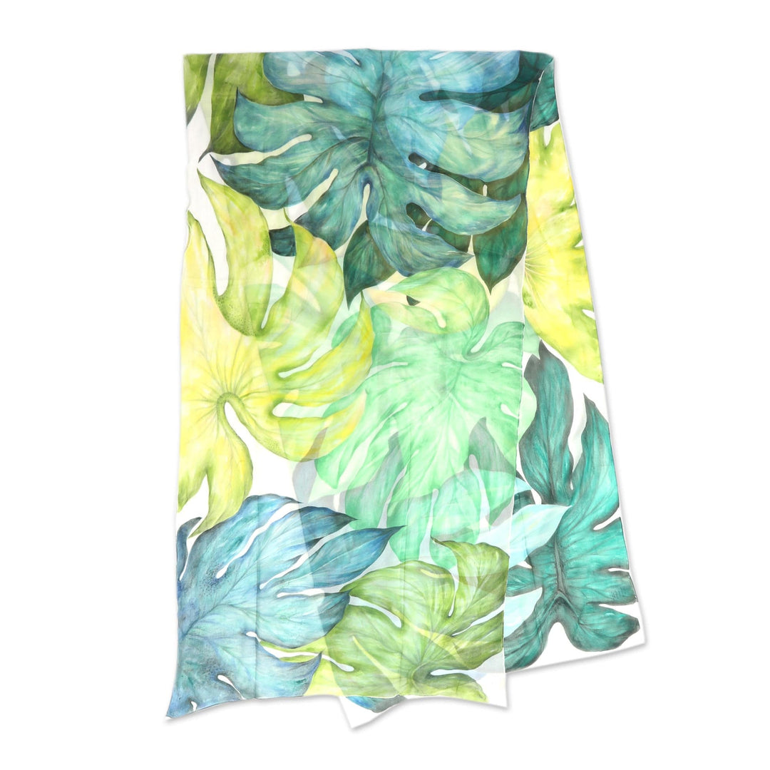 100% Silk Chiffon Hand-Painted Botanical Print Shawl - Philodendron Plant