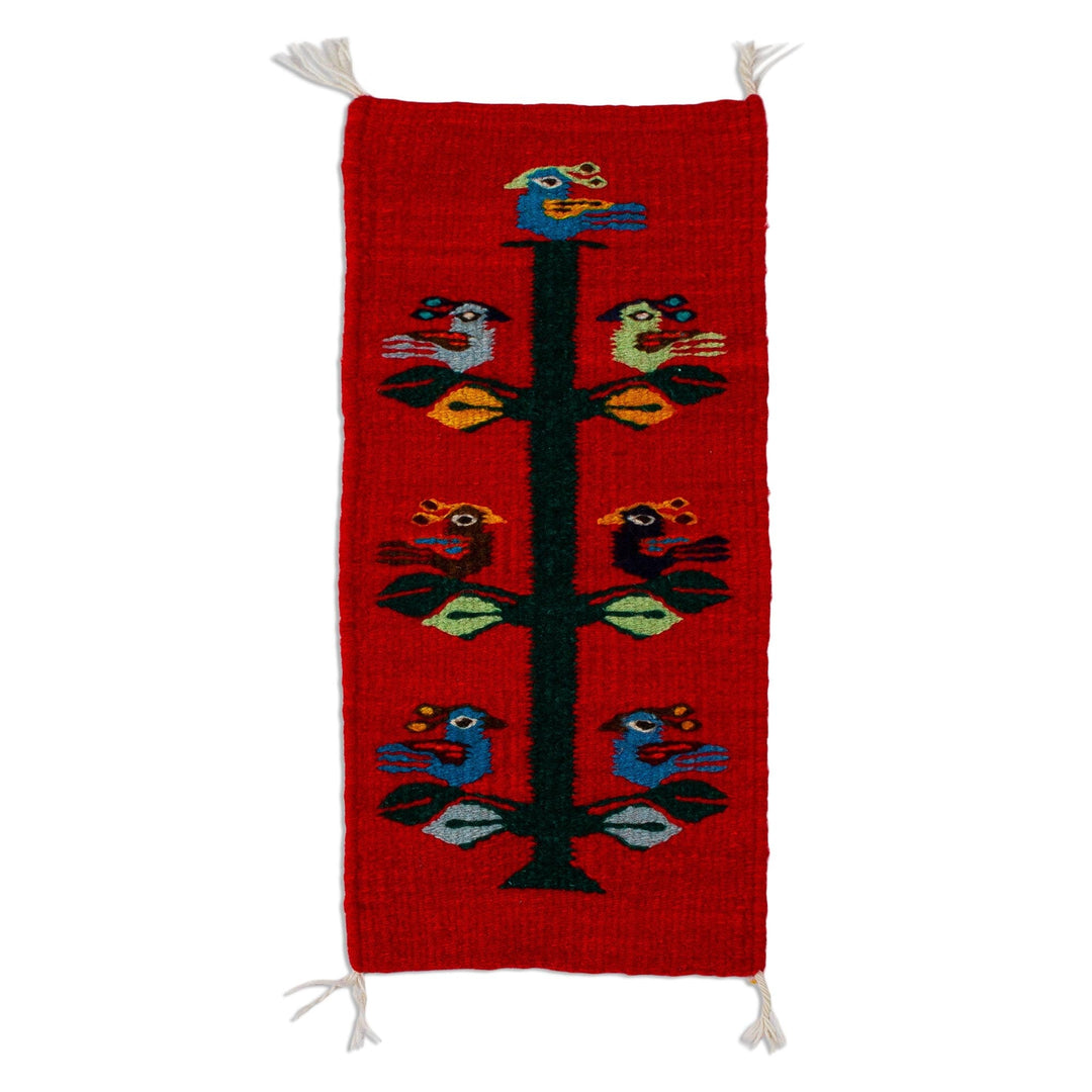 Small Wool Table Runner in Red with Birds - Birds of Teotitlan in Red