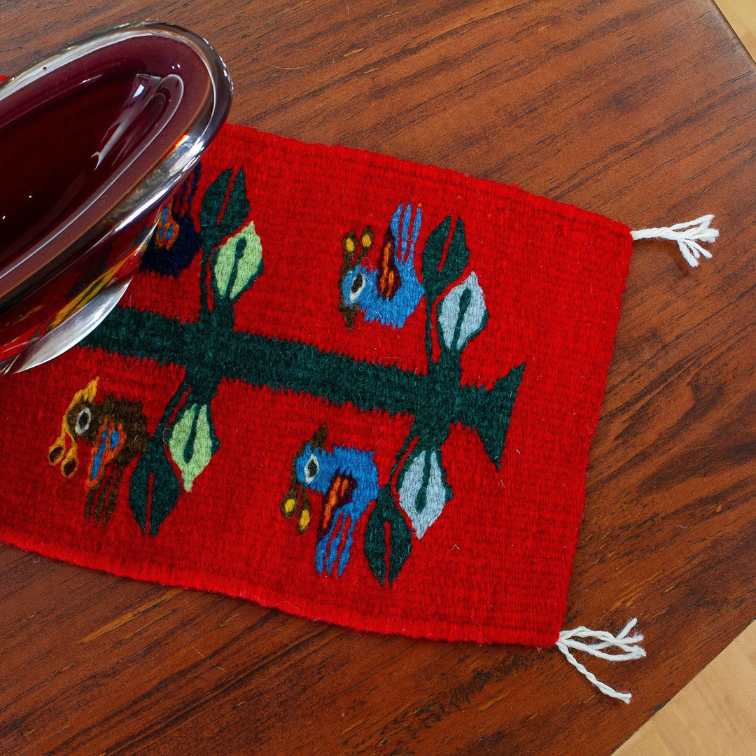 Small Wool Table Runner in Red with Birds - Birds of Teotitlan in Red