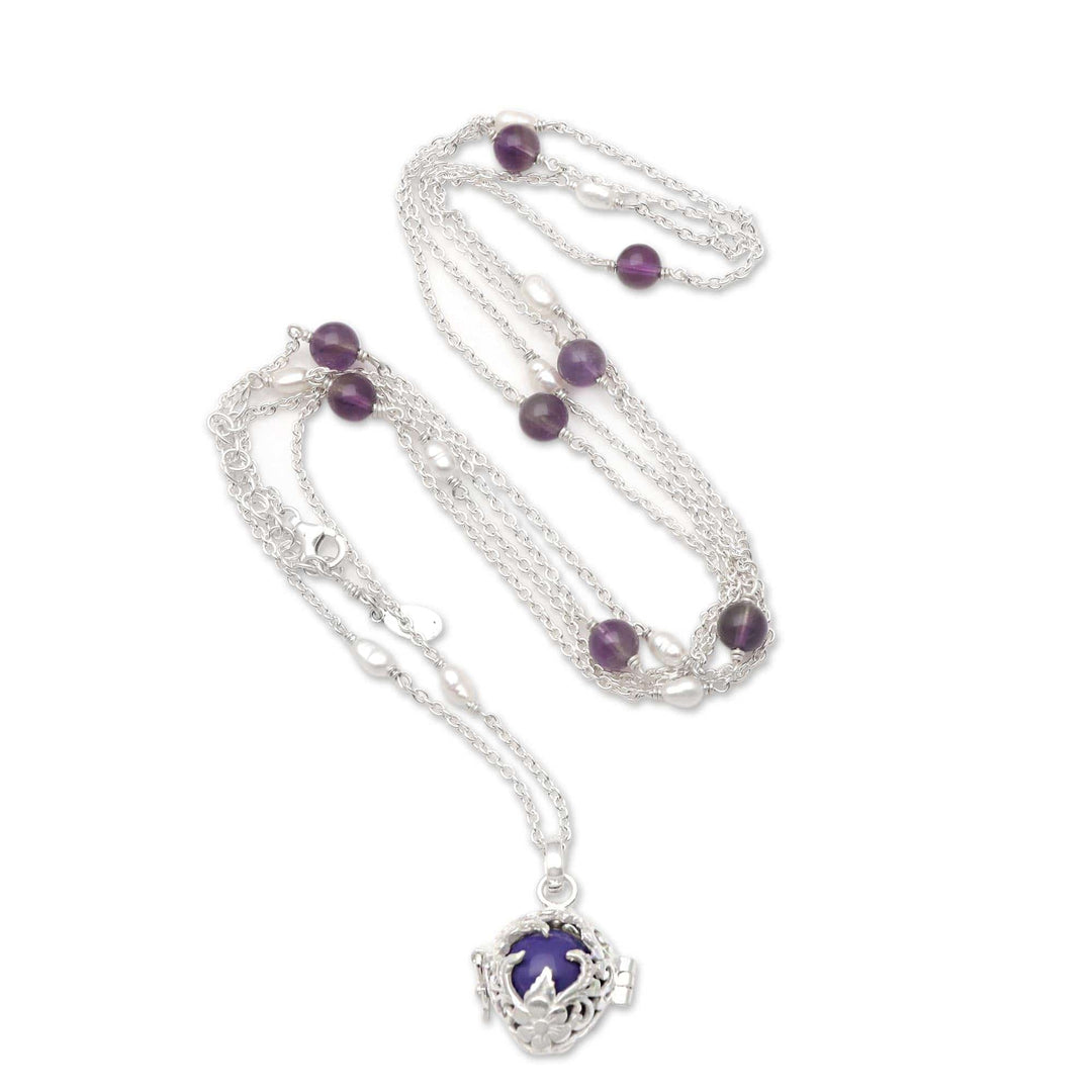 Silver Harmony Ball Necklace with Cultured Pearl & Amethyst - Chimes of Comfort