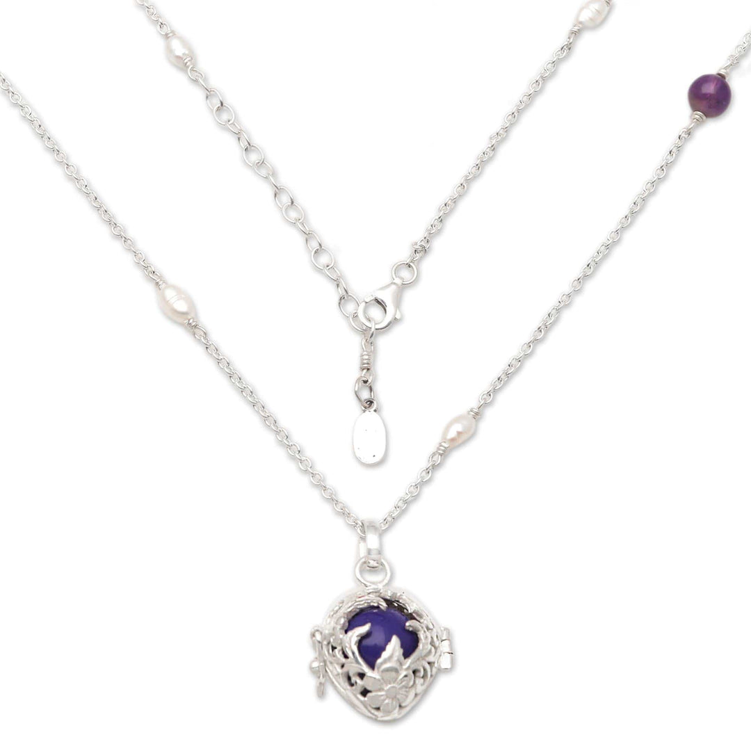 Silver Harmony Ball Necklace with Cultured Pearl & Amethyst - Chimes of Comfort