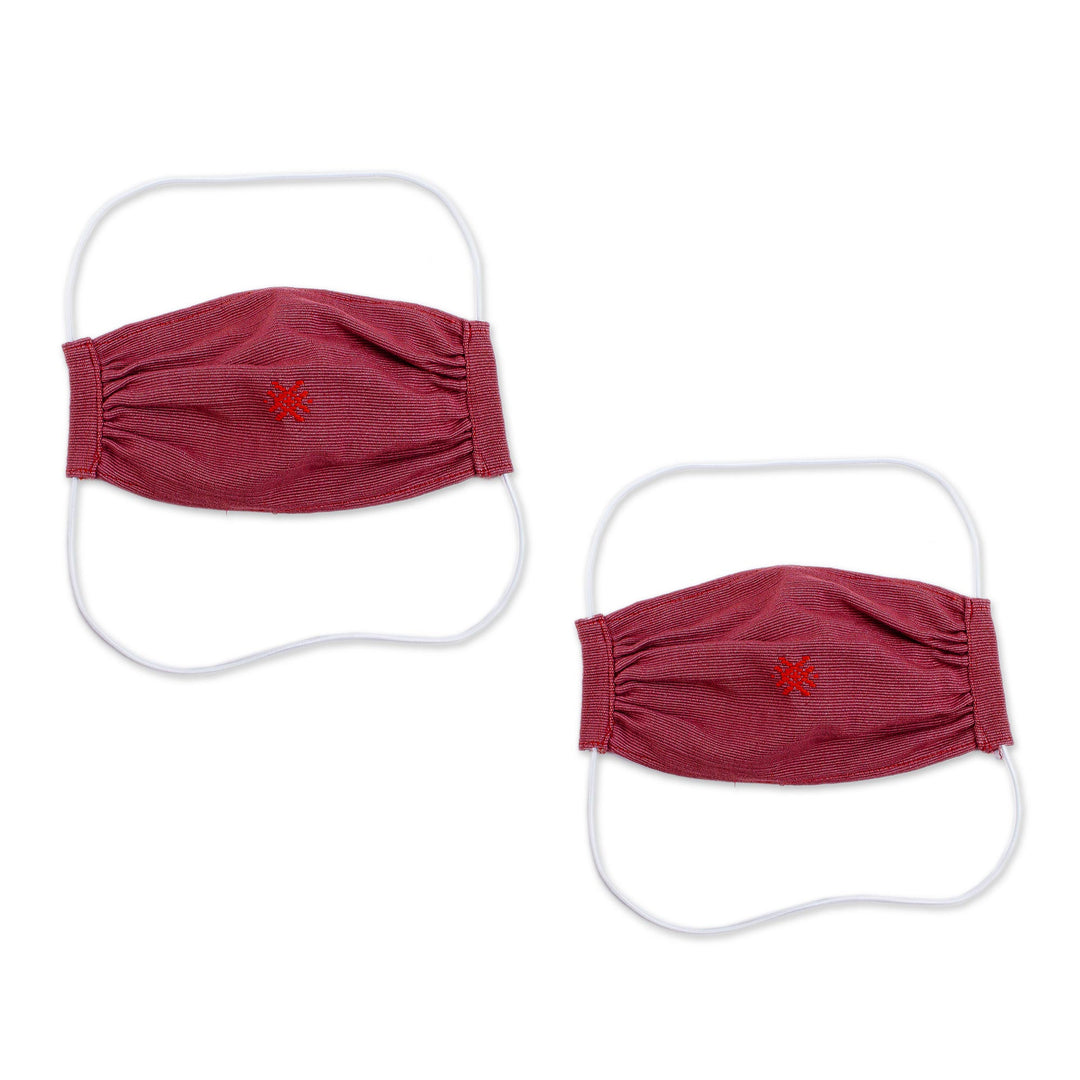 2 Handwoven Embroidered Burgundy Cotton Face Masks - Burgundy Berry