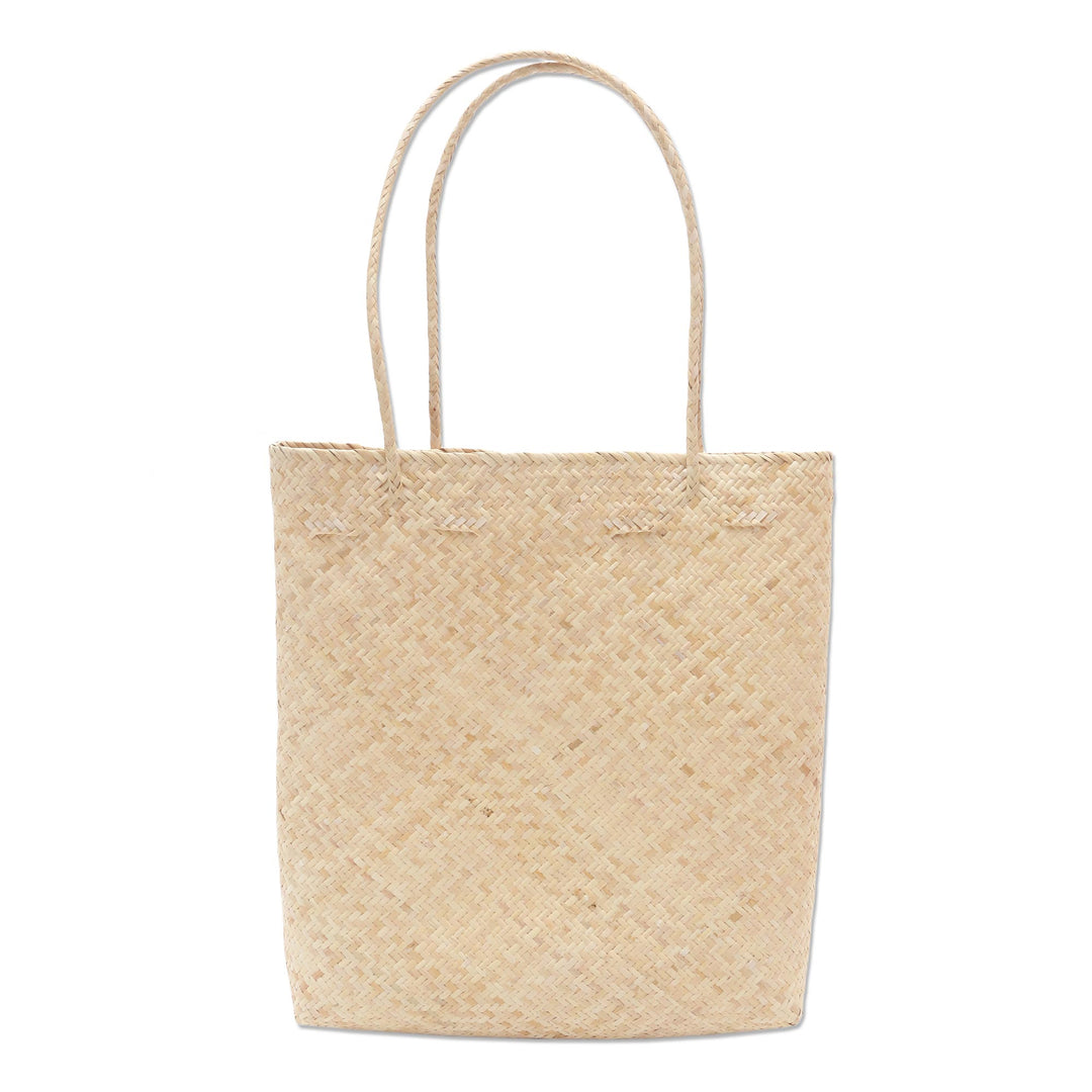Handwoven Beige Rattan Open Top Tote - Beige Textures