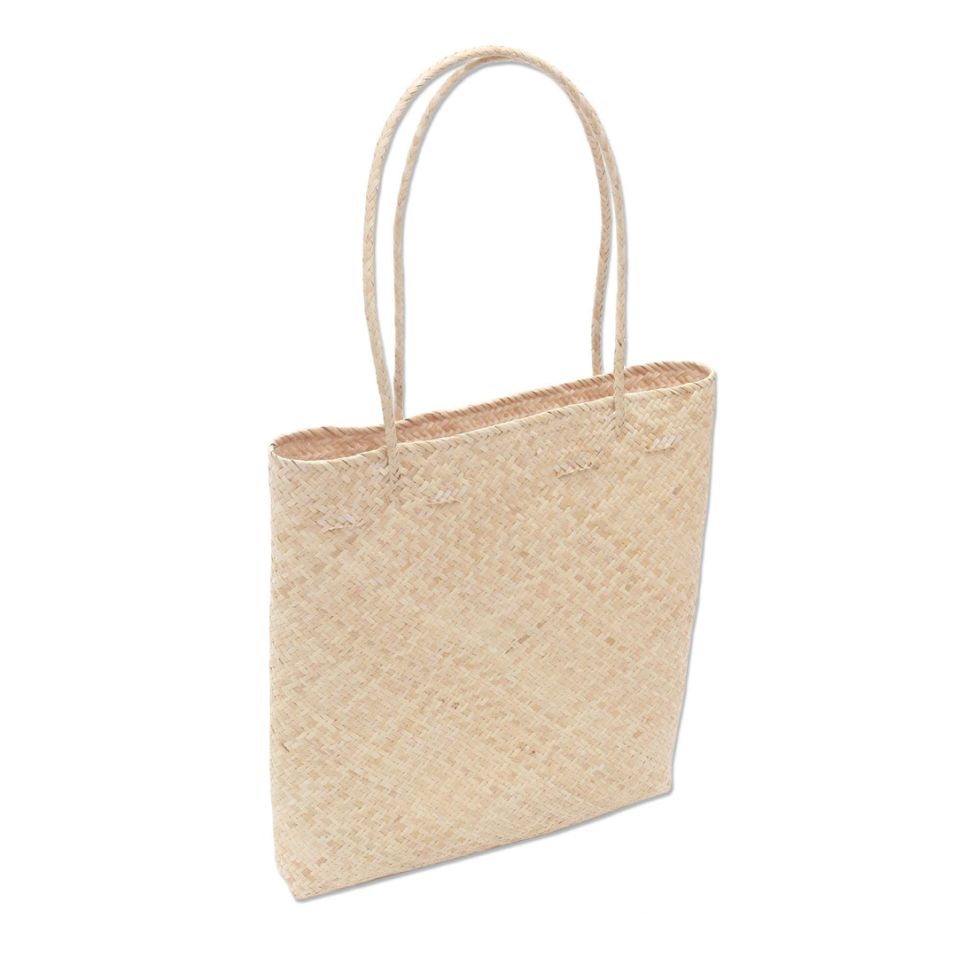 Handwoven Beige Rattan Open Top Tote - Beige Textures