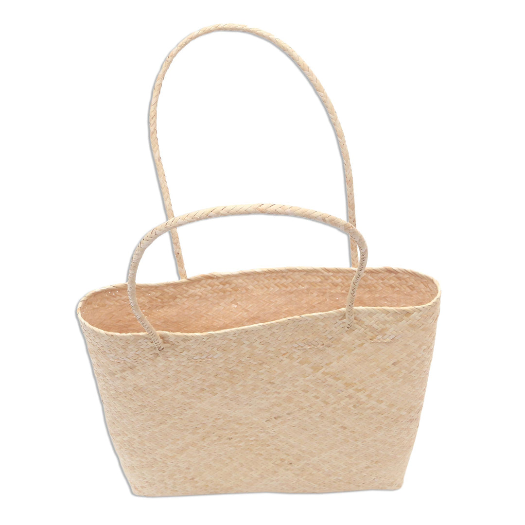 Handwoven Beige Rattan Open Top Tote - Beige Textures