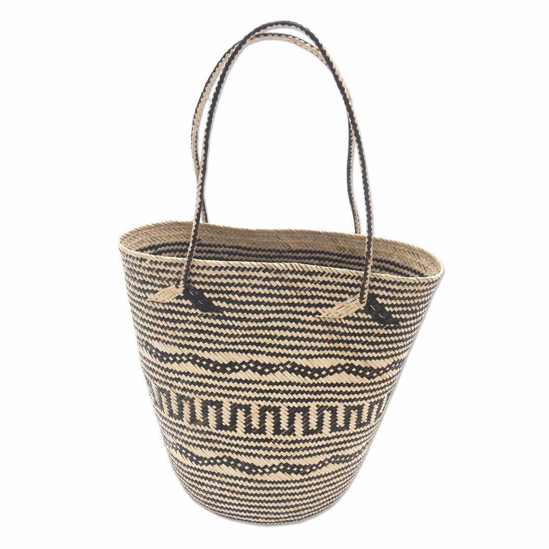 Handwoven Geometric Black & Cream Rattan Open Top Tote - Intricate Black and Cream