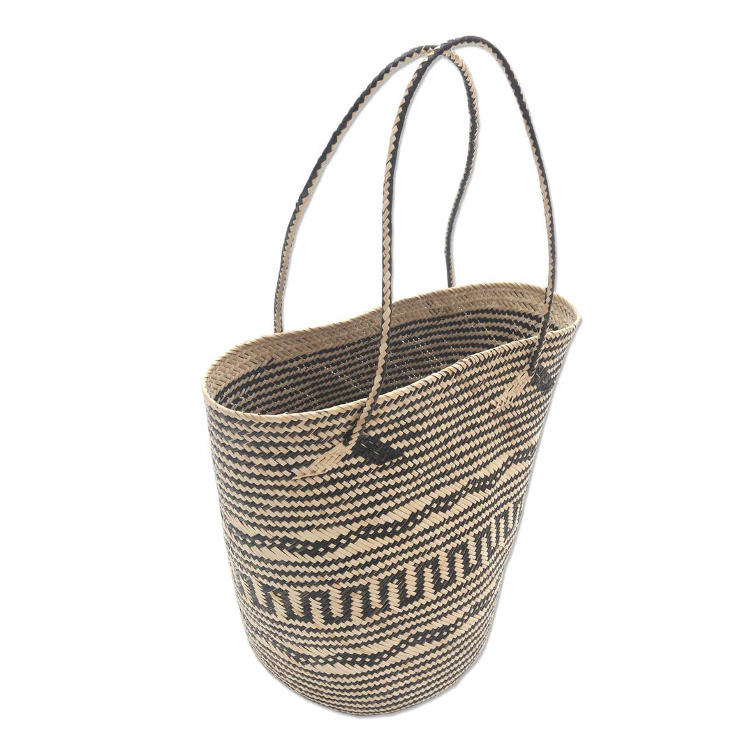 Handwoven Geometric Black & Cream Rattan Open Top Tote - Intricate Black and Cream