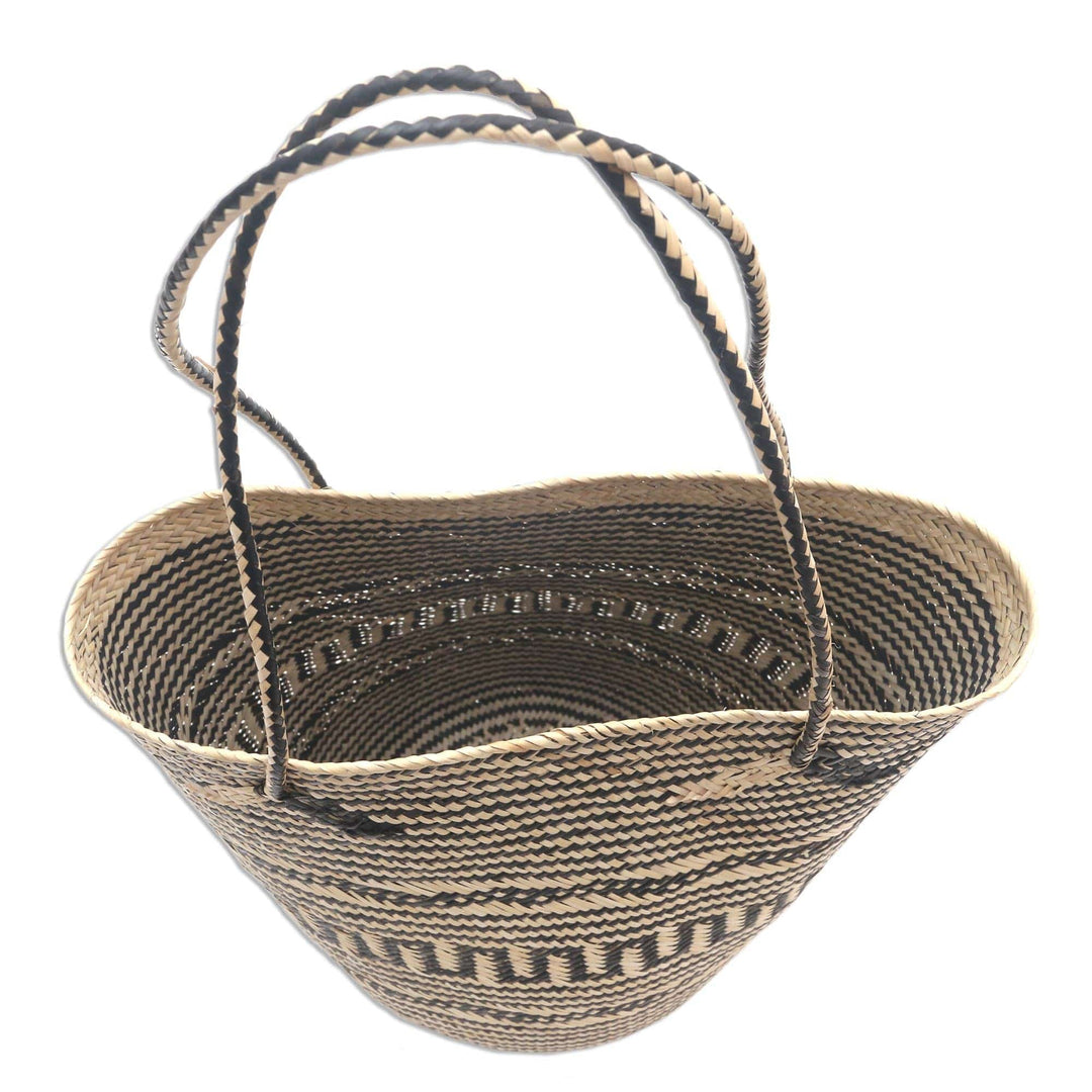Handwoven Geometric Black & Cream Rattan Open Top Tote - Intricate Black and Cream