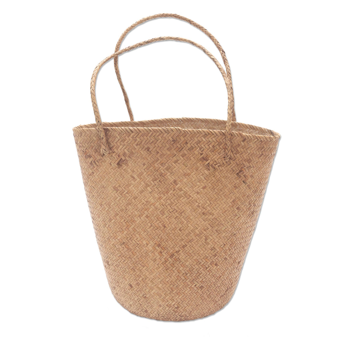Handwoven Natural Tan Rattan Open Top Tote - Natural Tan