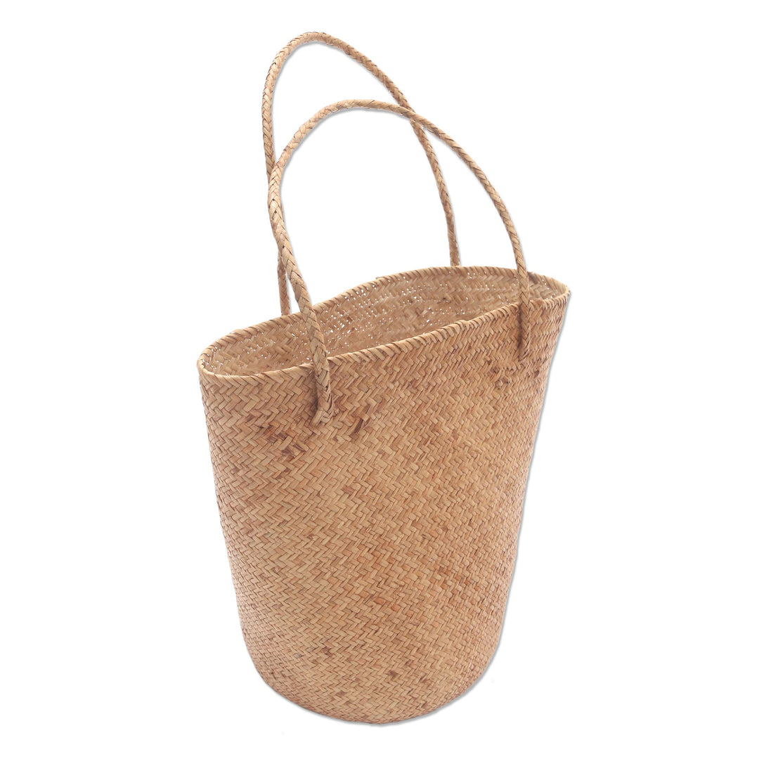 Handwoven Natural Tan Rattan Open Top Tote - Natural Tan