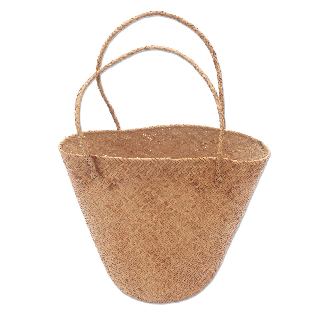 Handwoven Natural Tan Rattan Open Top Tote - Natural Tan
