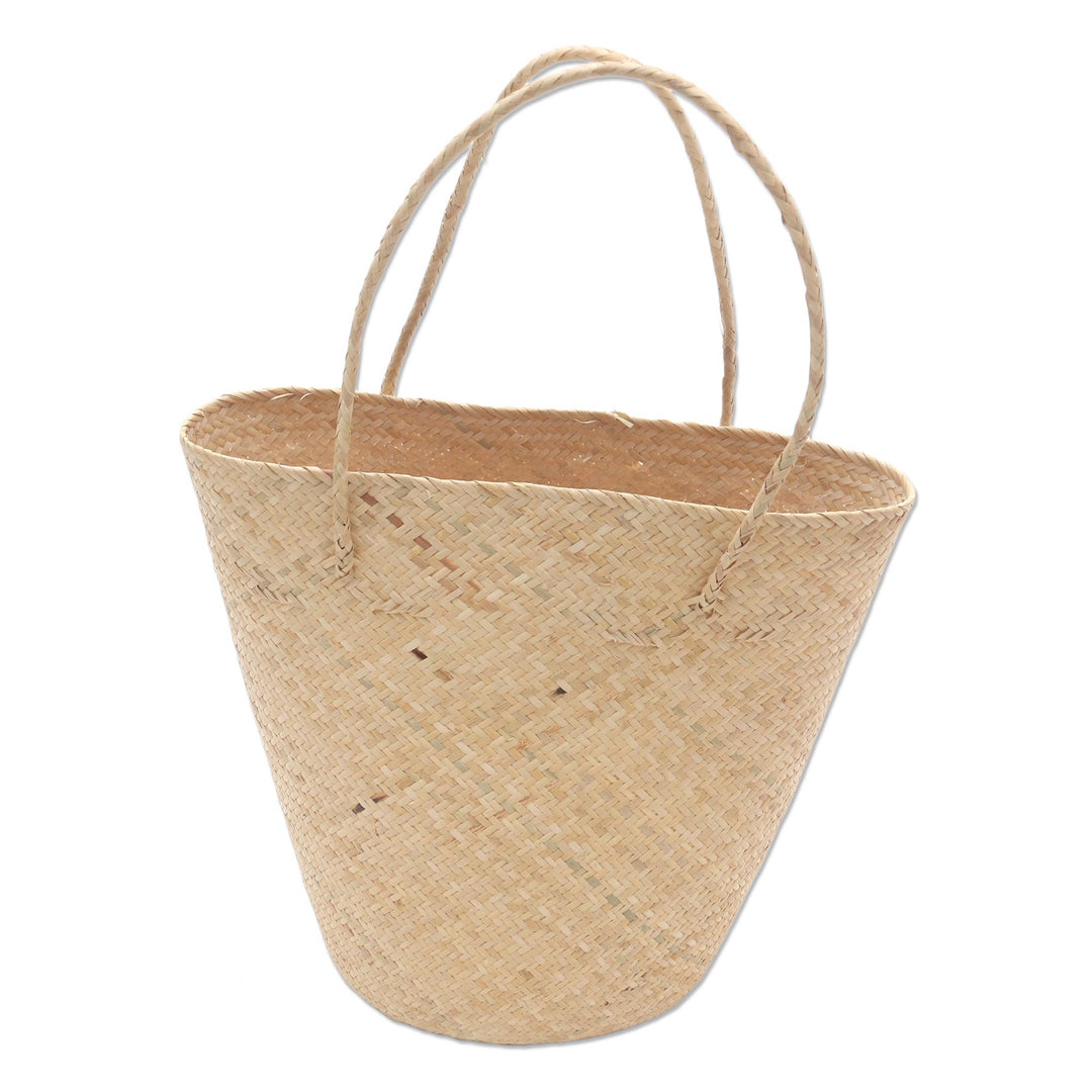 Handwoven Natural Cream Rattan Open Top Tote - Natural Cream