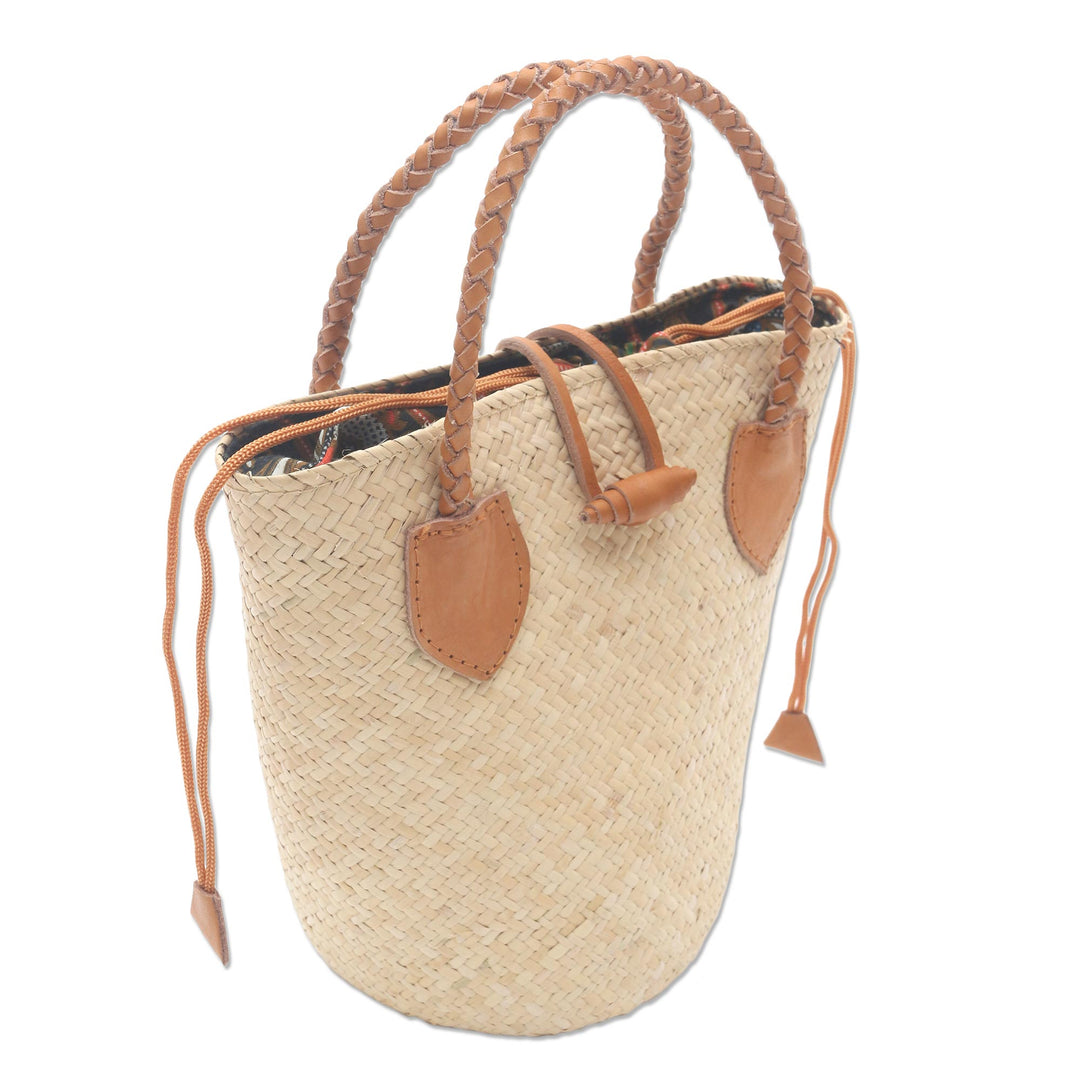 Natural Rattan Handbag with Tan Leather Trim - Sunda Simplicity