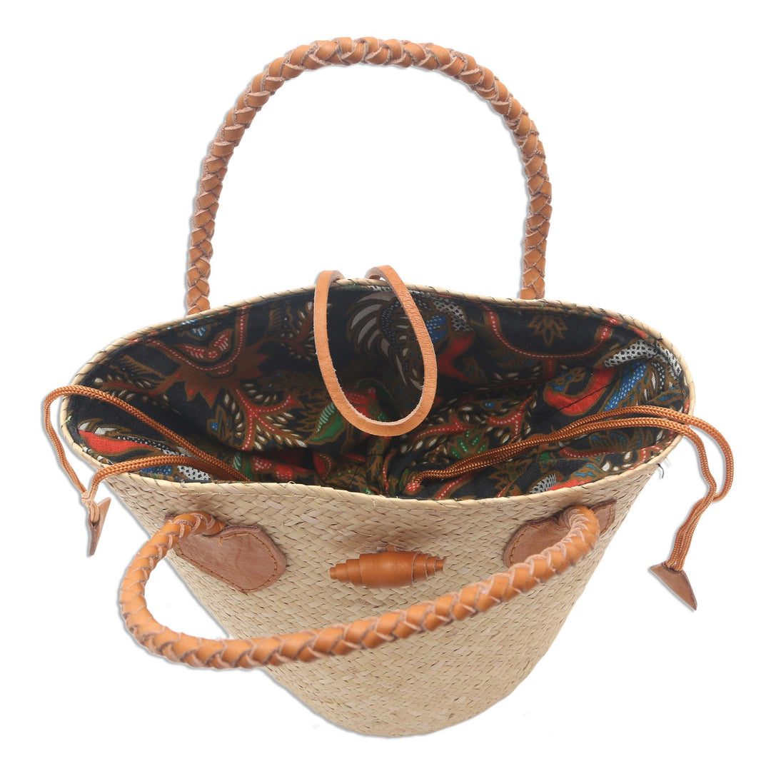 Natural Rattan Handbag with Tan Leather Trim - Sunda Simplicity