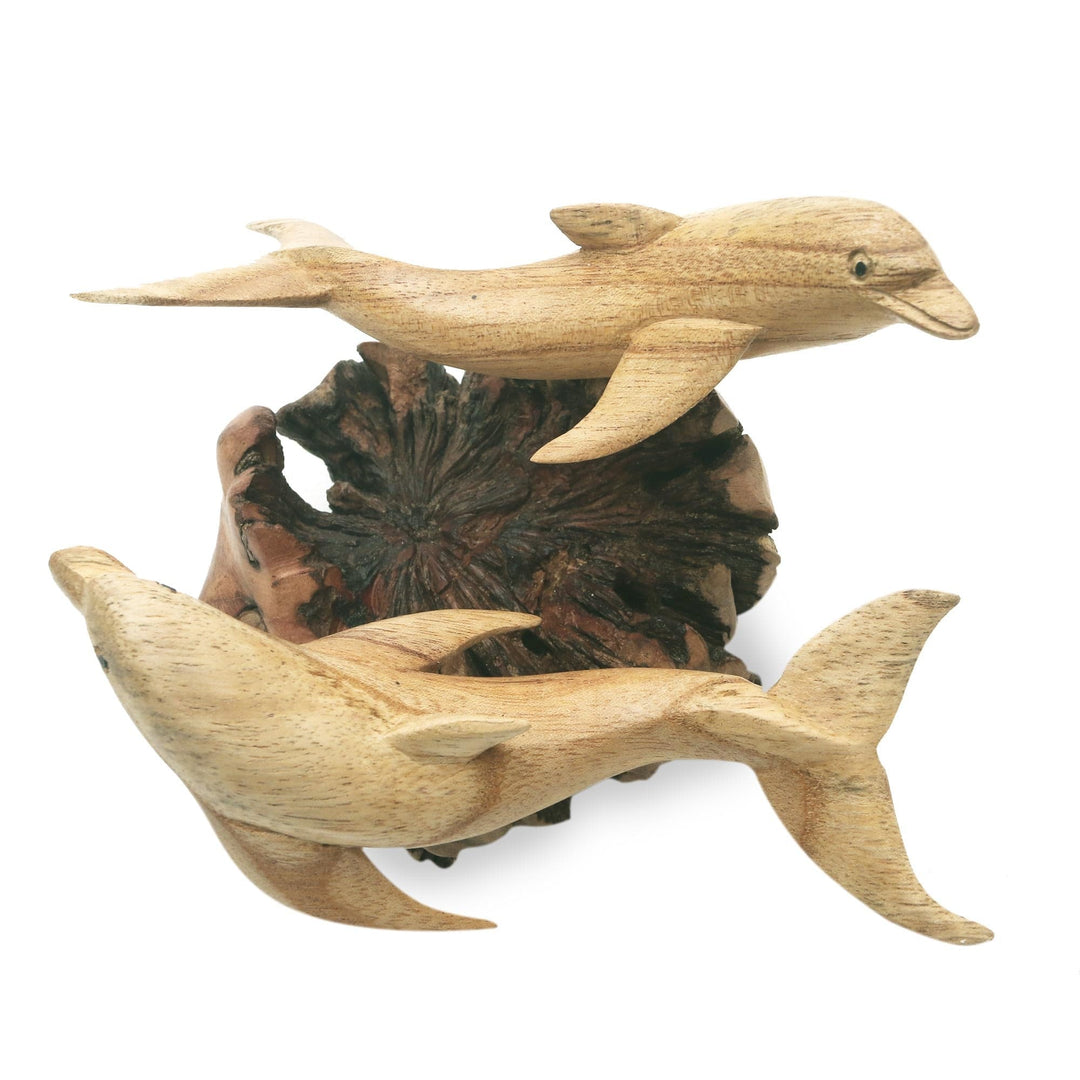 Artisan Hand Carved Wood Dolphin Sculpture - Twin Dolphins