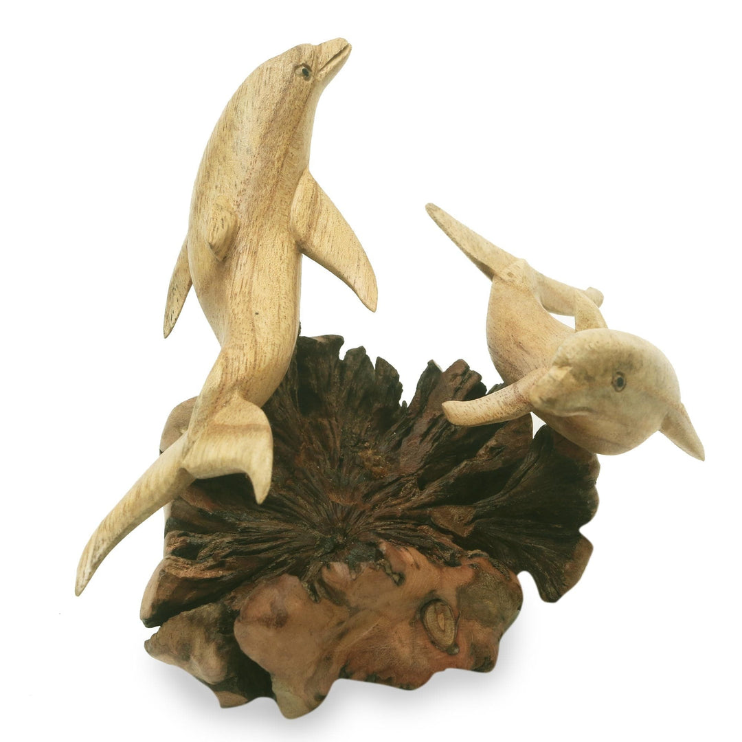 Artisan Hand Carved Wood Dolphin Sculpture - Twin Dolphins