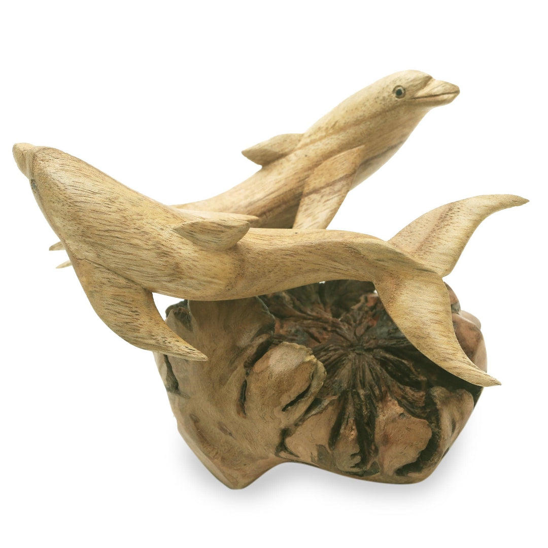 Artisan Hand Carved Wood Dolphin Sculpture - Twin Dolphins