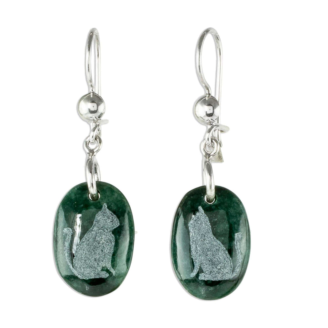 Sterling Silver and Jade Cat Dangle Earrings - Nature of God - Cat