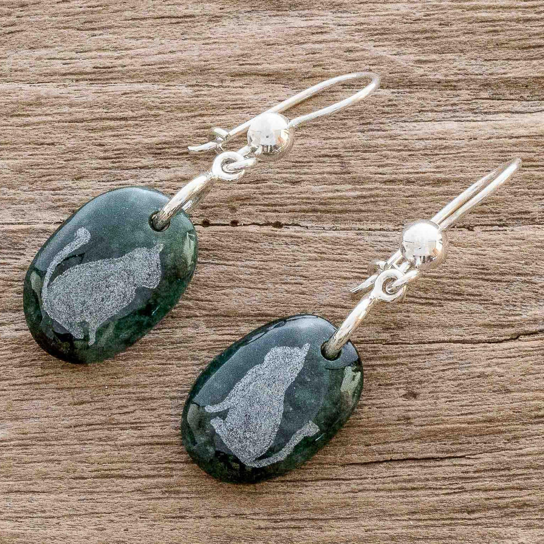 Sterling Silver and Jade Cat Dangle Earrings - Nature of God - Cat