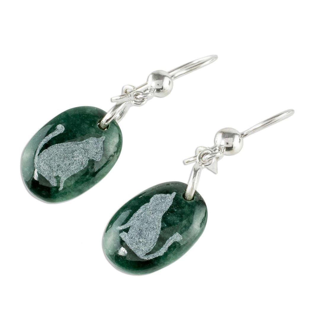 Sterling Silver and Jade Cat Dangle Earrings - Nature of God - Cat