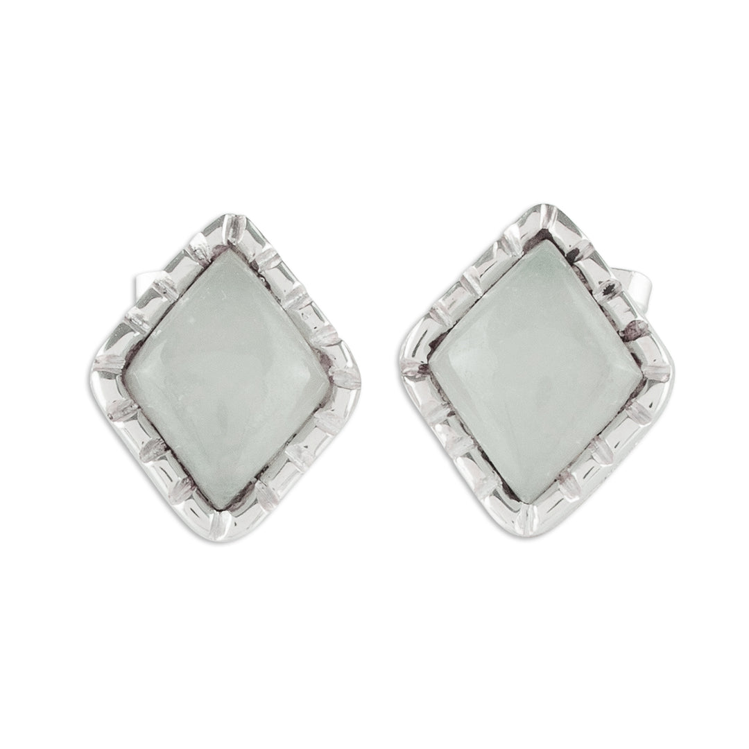 Silver Stud Earrings with Pale Ice Green Jade Diamonds - Ice Green Diamond
