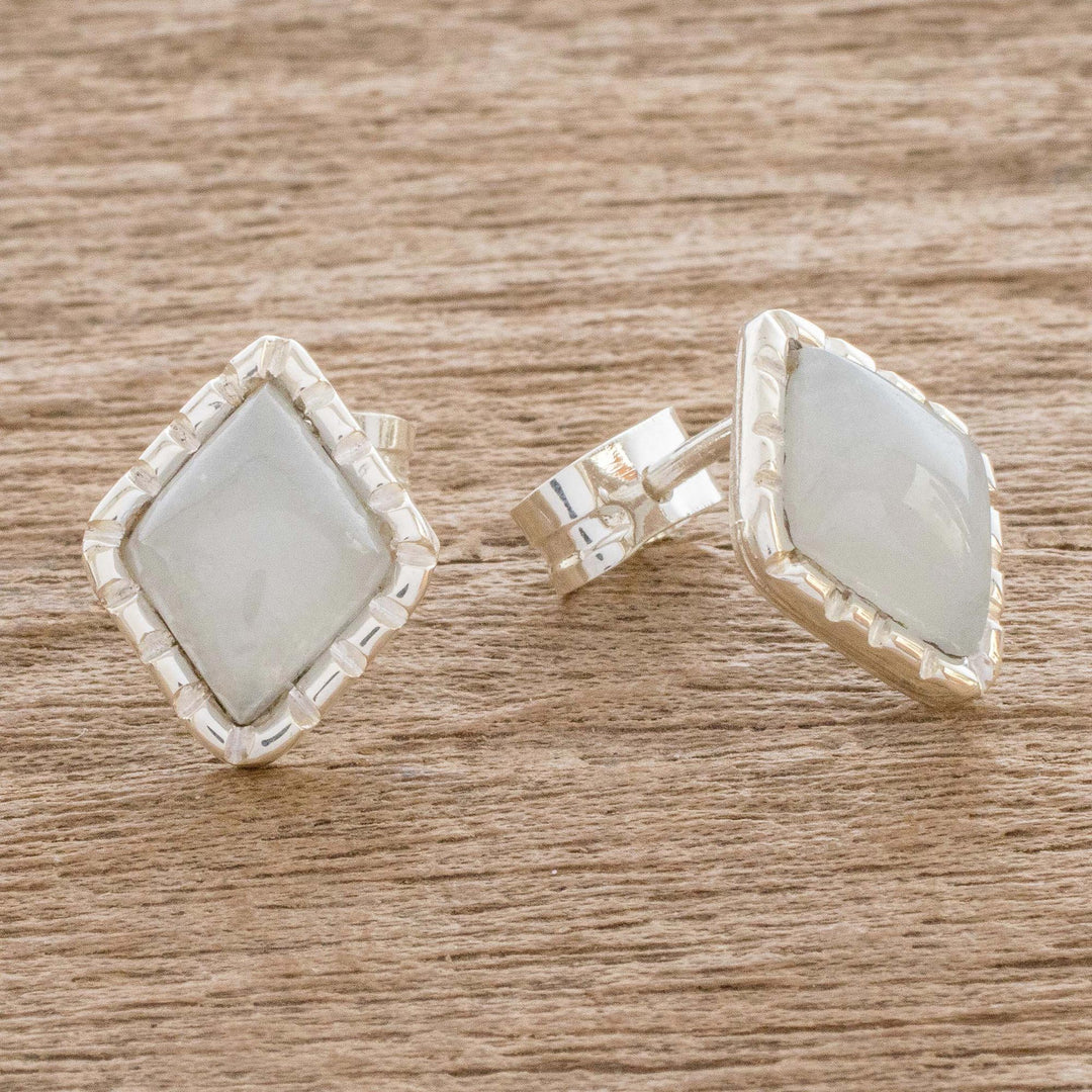Silver Stud Earrings with Pale Ice Green Jade Diamonds - Ice Green Diamond