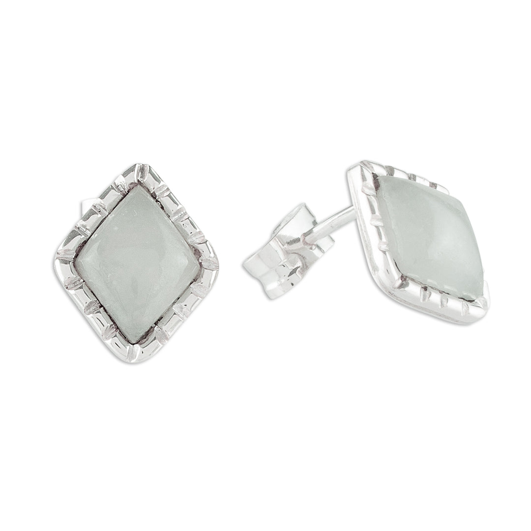 Silver Stud Earrings with Pale Ice Green Jade Diamonds - Ice Green Diamond